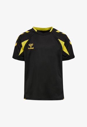 Sort sportsjersey med korte ærmer og gule detaljer på skuldre og sider, med en gul Hummel-logo på brystet.