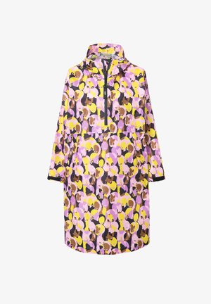 Bunte Regenjacke mit floralem Design in Pink-, Gelb- und Brauntönen. Hergestellt aus wasserdichtem Material mit einem halben Reißverschluss vorne und Kapuze.