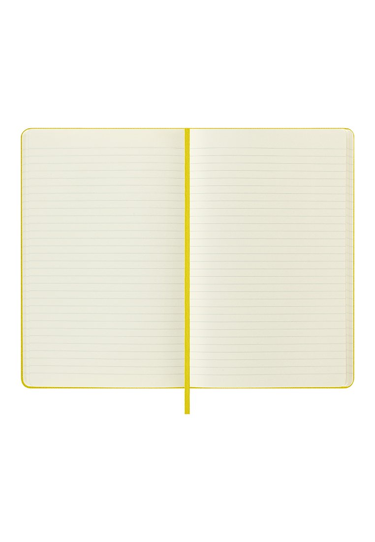 Gelb gebundenes Notizbuch mit linierter, cremefarbener Seiten, ausgestattet mit einem Lesezeichen in dem gleichen Gelbton und abgerundeten Ecken für eine sanfte Abschluss.