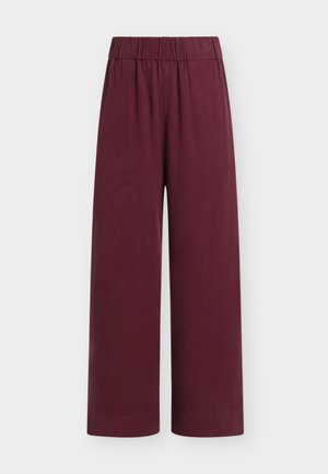 Wide-leg maroon pants with an elastic waistband, made from smooth fabric, displayed on a plain light background.