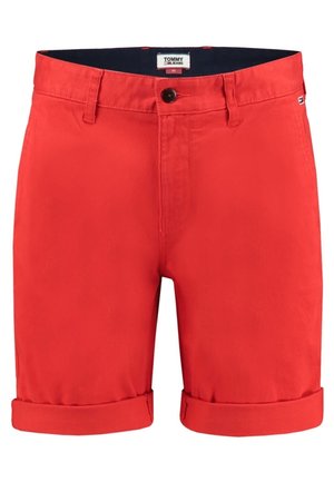 Pantalones cortos informales de algodón rojo con dobladillos enrollados, cierre de botones, trabillas para cinturón y etiqueta de Tommy Jeans en el interior de la pretina.
