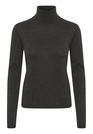 Jersey de cuello alto en gris oscuro, hecho de un material de punto suave y acanalado. Diseño ajustado con mangas largas y un cuello alto. Acabado simple y sin costuras.