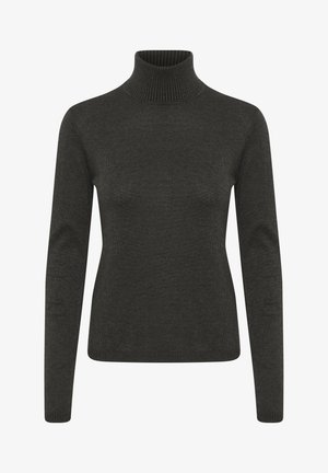 Jersey de cuello alto en gris oscuro, hecho de un material de punto suave y acanalado. Diseño ajustado con mangas largas y un cuello alto. Acabado simple y sin costuras.