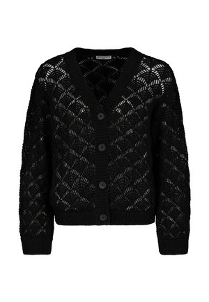 Schwarze gestrickte Strickjacke mit einem offenen Muster in Muschelform, gerippten Bündchen und Saum sowie vier Knöpfen vorne.