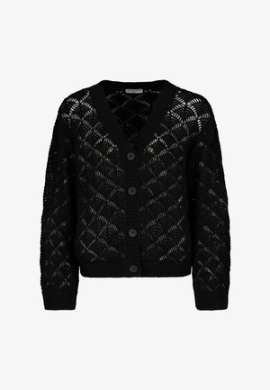 Schwarze gestrickte Strickjacke mit einem offenen Muster in Muschelform, gerippten Bündchen und Saum sowie vier Knöpfen vorne.