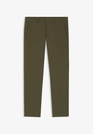 Spodnie oliwkowozielone wykonane z gładkiej tkaniny, z zapięciem na guziki, bocznymi kieszeniami i prostym krojem, o czystych liniach i minimalistycznych detalach.