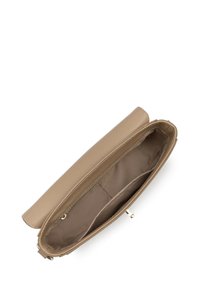 Beige leather clutch with a textured surface. Interior features a plain fabric lining and two compartments for organization.