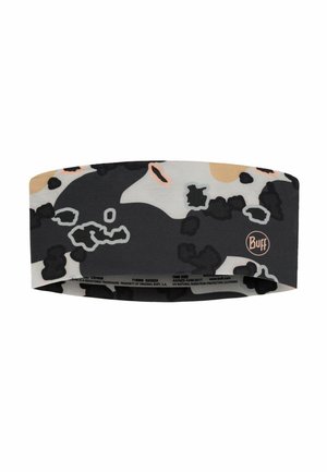 Seamless fabric headband with abstract black, gray, peach, and beige camouflage pattern and small Buff logo on side.