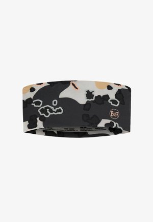 Seamless fabric headband with abstract black, gray, peach, and beige camouflage pattern and small Buff logo on side.