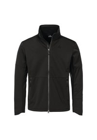Black softshell jacket with high collar, front zip closure, and two side zip pockets. Features a smooth texture and minimalistic design.
