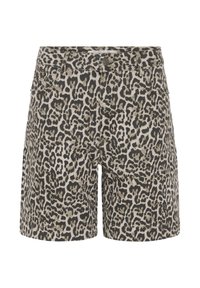 Shorts taille haute avec imprimé léopard noir et beige, fermeture avant par bouton et zip, et poches latérales, présentés sur fond blanc.