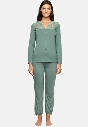 Green pajama set made of soft material, featuring long sleeves, button front, and floral lace trim on the neckline. Elastic cuffed pants.