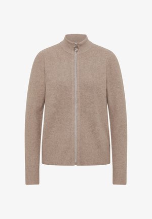 Beige knit zip-up sweater with a high collar, full-length sleeves, ribbed texture, and a silver zipper closure at the front.