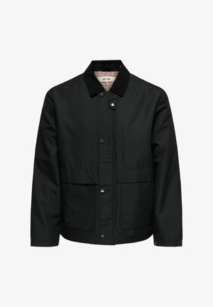 Schwarze Herrenjacke mit Knopfleiste, Cordkragen, zwei vorderen Taschen und kariertem Innenfutter, das am Hals sichtbar ist.