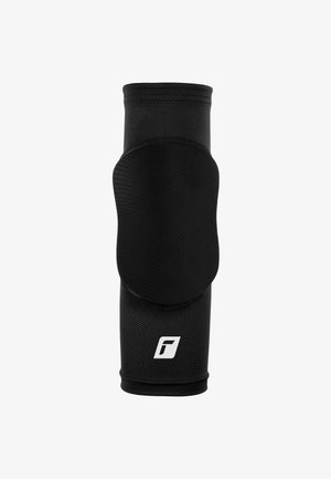 Elastic black knee sleeve with padded protection. Features a textured fabric and a logo accent. Designed for comfort and mobility.