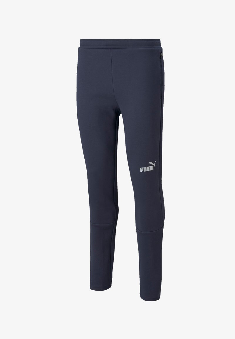 Pantaloni atletici bleumarin dintr-un material moale, cu o croială slim, bandă elastică la brâu, buzunare laterale cu fermoar și un logo imprimat pe picior.