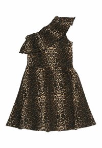 Haljina sa uzorkom leoparda koja se ističe asimetričnim dizajnom, ruffled dekolteom, uskim korzetom i lepršavom suknjom, izrađena od lagane tkanine.