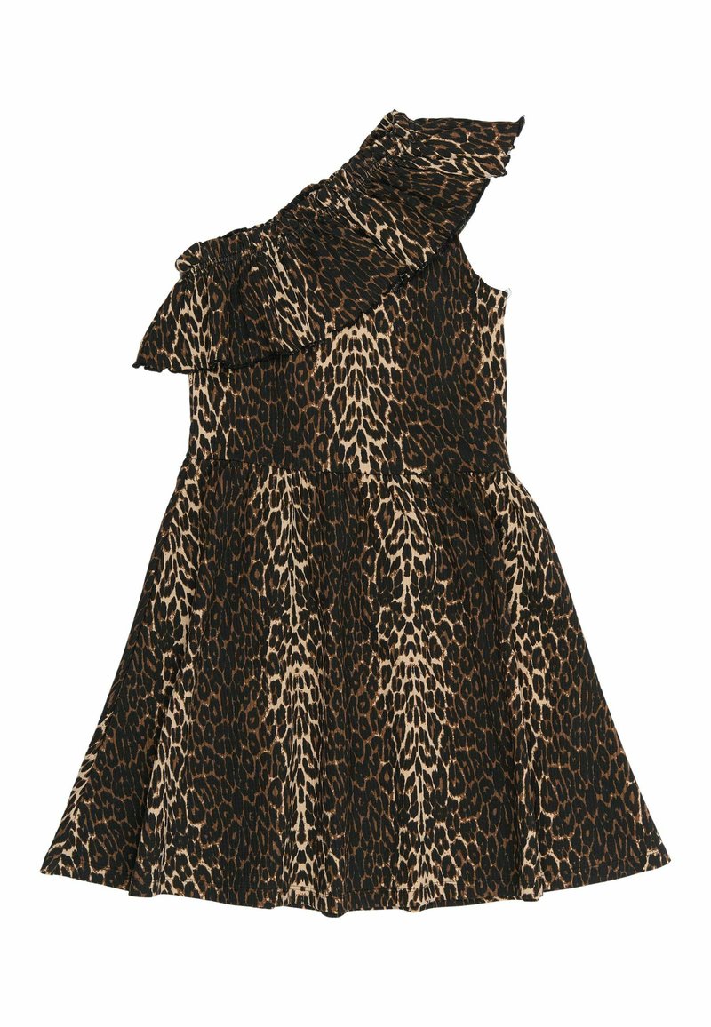 Haljina sa uzorkom leoparda koja se ističe asimetričnim dizajnom, ruffled dekolteom, uskim korzetom i lepršavom suknjom, izrađena od lagane tkanine.