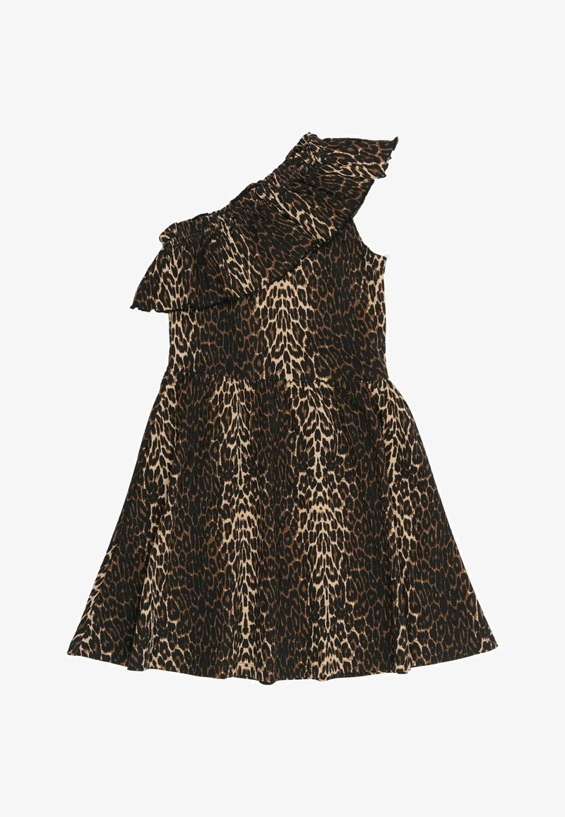 Haljina sa uzorkom leoparda koja se ističe asimetričnim dizajnom, ruffled dekolteom, uskim korzetom i lepršavom suknjom, izrađena od lagane tkanine.