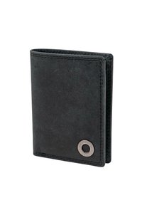 Cartera de cuero negro con acabado texturizado, con costuras visibles y un adorno metálico redondo. Diseño plegable, forma compacta.