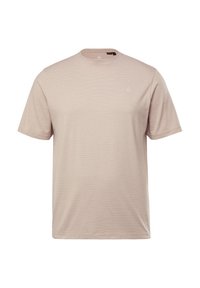 T-shirt corto beige chiaro a maniche corte realizzato in tessuto morbido, con scollatura a girocollo e una texture a righe sottile, dotato di un piccolo logo sul petto.
