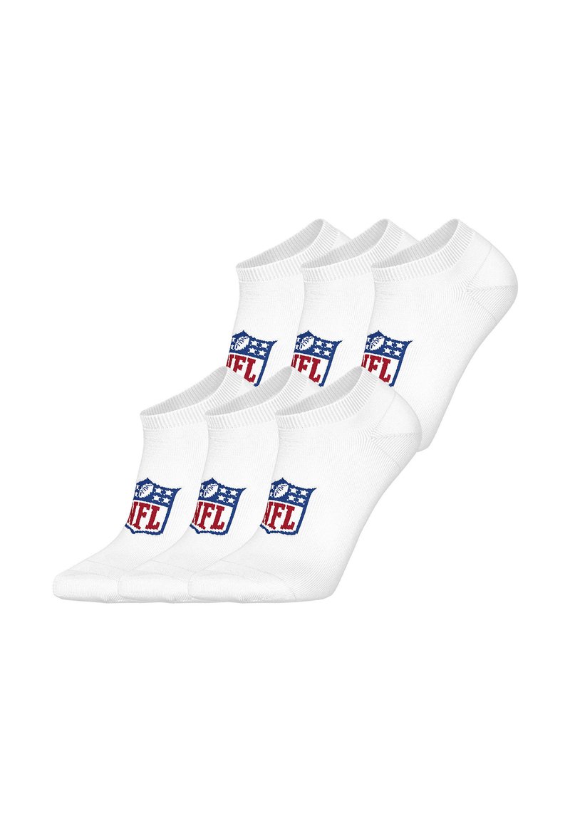 White ankle socks set of six featuring the NFL logo in blue and red, with a reinforced toe and collar for durability. Soft cotton blend texture.