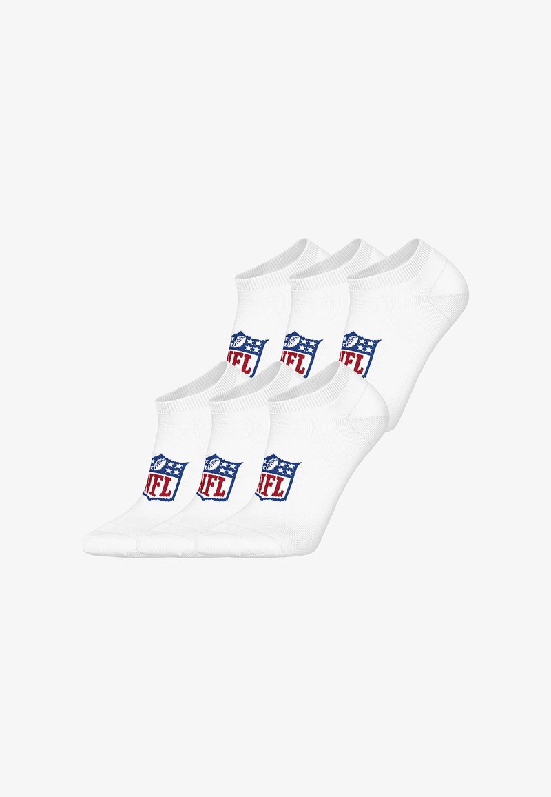 White ankle socks set of six featuring the NFL logo in blue and red, with a reinforced toe and collar for durability. Soft cotton blend texture.
