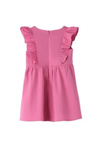 Rosa ärmelloses Kleid aus leichtem Stoff, mit Rüschendetails an den Schultern und einem Reißverschluss am Rücken.