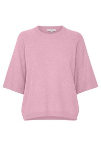 Pull tricoté à manches courtes de couleur rose pâle avec col rond, poignets et ourlet côtelés, présenté sur un fond blanc.