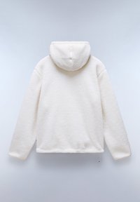 Felpa bianca con cappuccio in pile, caratterizzata da una superficie morbida e testurizzata. Presenta un cappuccio, maniche lunghe e un cordino regolabile all'orlo inferiore.