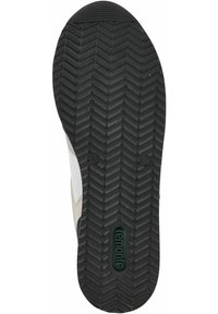 Svart gummiyttersula med ett fiskbensmönster; sidan har ljusa syntetiska och textila material för ökad andningsförmåga.