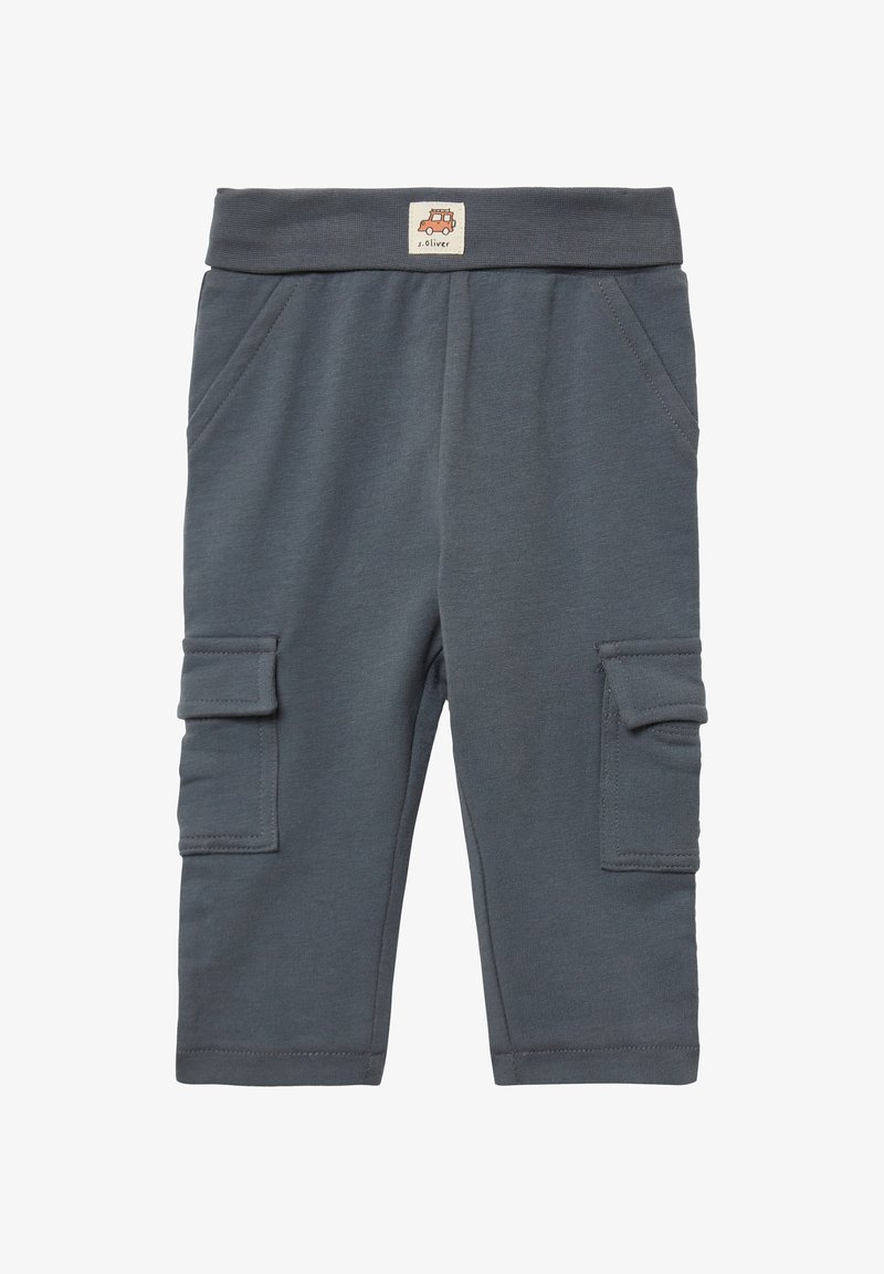 Graue Baumwoll- Cargo-Hose mit einem elastischen Bund, ausgestattet mit zwei Seitentaschen und zwei Cargotaschen an den Beinen. Sichtbare Nahtdetails.