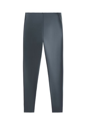 Leggings griții închise, fabricate dintr-un material neted și elastic. Prezintă un design ajustat, cu buzunare laterale și un tiv curat.