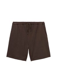 Shorts marron foncé en tissu texturé. Avec un waistband élastique avec cordon de serrage et des poches latérales. Design simple et pratique.
