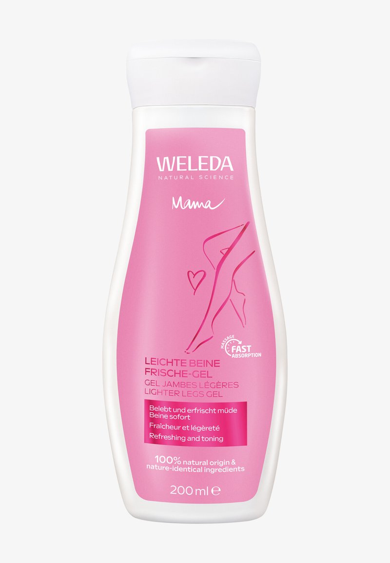 Bottiglia bianca e rosa del gel per gambe più leggere Weleda Mama, 200 ml, con testo su rapido assorbimento e ingredienti naturali.