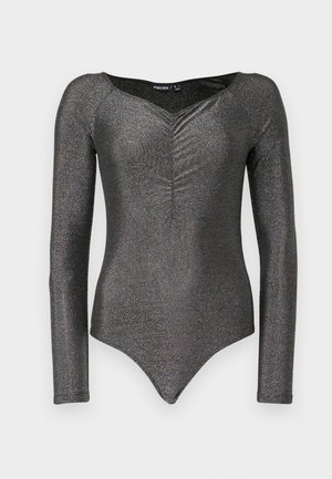 Langærmet bodysuit i skinnende sort stof med dyb V-udskæring og samlet detalje foran, der har en tætsiddende silhuet og trykknaplukning.