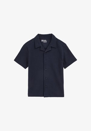 Námornícky modrá košeľa na gombíky s krátkym rukávom, s golierom, z ľahkej látky, so štruktúrovaným povrchom a šiestimi prednými gombíkmi.