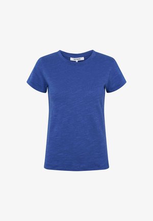 Mėlyni trumpomis rankovėmis marškinėliai iš minkštos medžiagos. Turi apvalų kaklo iškirpimą ir lygų paviršių su subtiliu margu raštu.