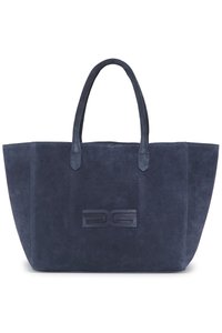 Laivastonsininen mokkainen olkalaukku, jossa korkeat sivut, kaksinkertaiset kahvat ja painettu logo edessä. Sileä rakenne ja jäsennelty muoto.