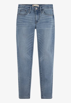 Hellblaue Slim-Fit-Jeans mit vorderer Knopf- und Reißverschluss, im Fünf-Taschen-Stil und dezenten, ausgebleichten Details an Oberschenkeln und Knien.