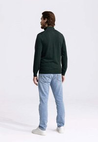 Groene, gestructureerde trui met een hoge kraag, gedragen over lichtblauwe jeans en witte sneakers, gezien vanaf de achterkant tegen een effen achtergrond.