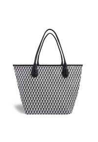 Tote bag with a geometric pattern in grey and white, featuring black leather handles and accents. Wide rectangular shape with a structured design.