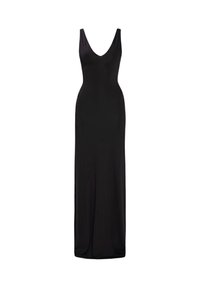 Sort, ærmeløs maxikjole med dyb V-udskæring og tætsiddende silhuet, lavet af glat stof. Har et gulvlængde design med sideslids.