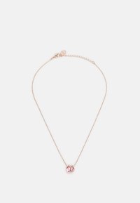Collier en or rose avec une chaîne délicate et une pierre précieuse rose ronde au centre. Dispose d'un fermoir simple et d'une longueur réglable.