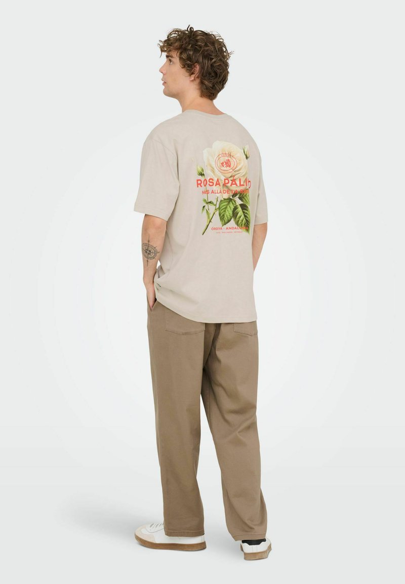 Camiseta de manga corta beige con un gran estampado floral a color y el texto "Rosa Pálida", combinada con pantalones khaki holgados y zapatillas blancas.