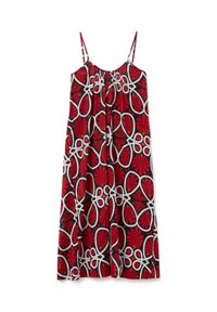 Rotes und schwarzes ärmelloses Kleid mit einem floralen und geometrischen Muster, dünnen Trägern und einer lockeren Passform. Hergestellt aus leichtem Stoff.