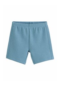Shorts tricotés texturés bleu clair avec une taille élastique et des jambes droites, présentés à plat sur un fond blanc.