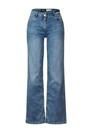 Vaqueros de pierna ancha en azul claro, confeccionados en denim, con cintura alta, cierre de doble botón y diseño clásico de cinco bolsillos. Textura suave.