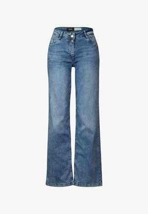 Jean large bleu clair en denim avec taille haute, fermeture à double bouton et design classique à cinq poches. Texture lisse.