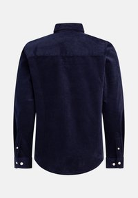 Marineblaue Cordhemd mit klassischem Kragen, langen Ärmeln und abgerundetem Saum. Verfügt über Knopfmanschetten mit zwei Knöpfen an jedem Ärmel.
